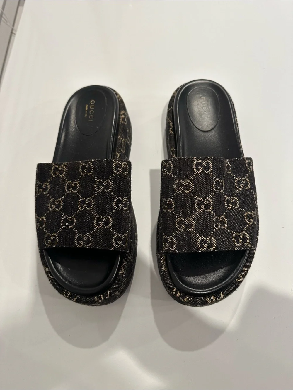 Authentic Gucci Brown Monogram Slide Sandals with Black Footbed